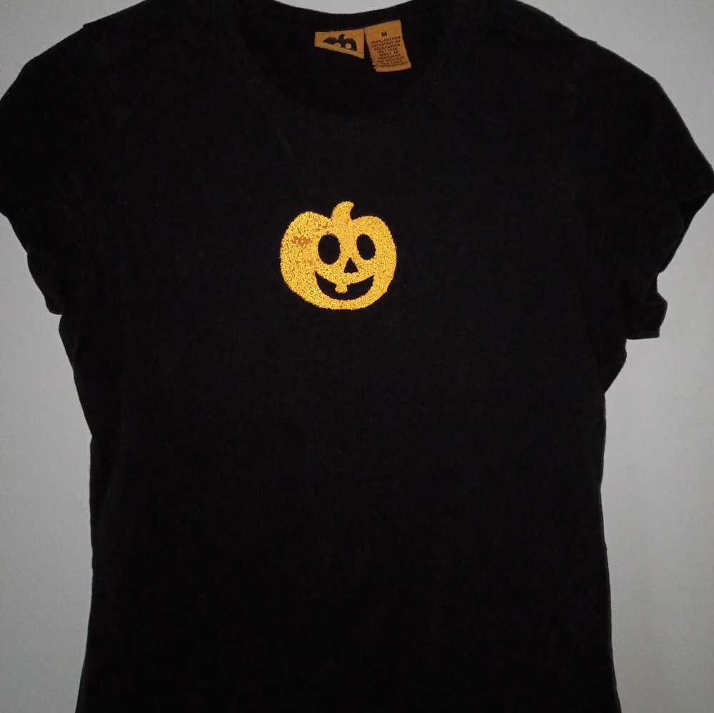 Black Adult Size Medium Shirt with Gold Pumpkin Design-Fits Like A Small